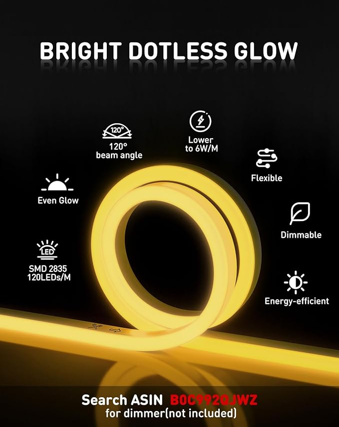 Shine Decor LED Rope Lights AC 120V, Connectable & Cuttable Dotless 120LEDs/M Eco Neon Strip Lighting, ETL IP65 Waterproof & Weather-Resistant for Home Commercial, 8x16mm, 2600K Warm White, 82FT