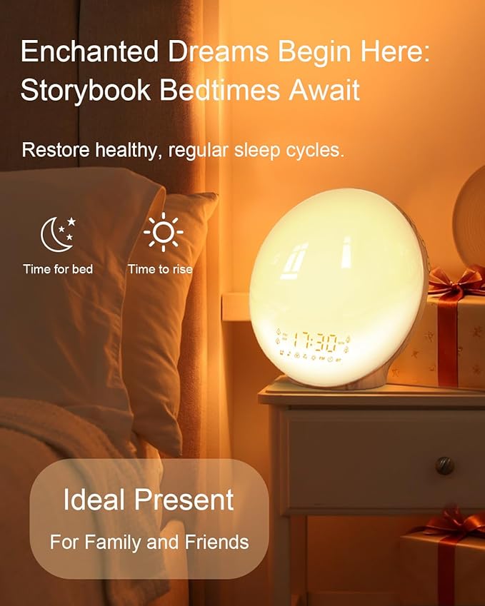 Smart Sunrise Alarm Clock with No Signup APP Control & Wake-Up Light, 4 Alarms, White Noise, FM Radio, Wireless Speaker, Wood Grain