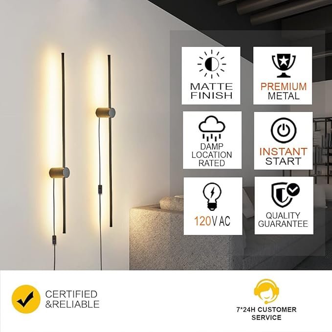 Modern Plug in Wall Sconce Set of 2 LED Black Wall Lights with Plug in Cord On/Off Switch 39 3/8 inches Warm White Wall Mounted Deco Lamp for Living Room Bedroom(2-Pack)