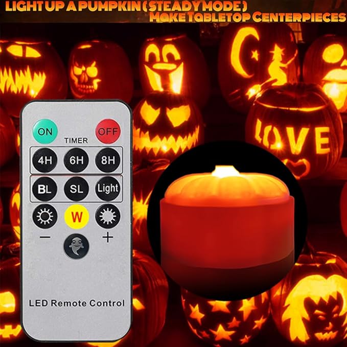 Halloween Pumpkin Lights with Timer Remote, Battery Operated Orange LED Pumpkin Lights Halloween Decor Flickering Jack-O-Lantern for Pumpkins Home Decorations (4PACK)