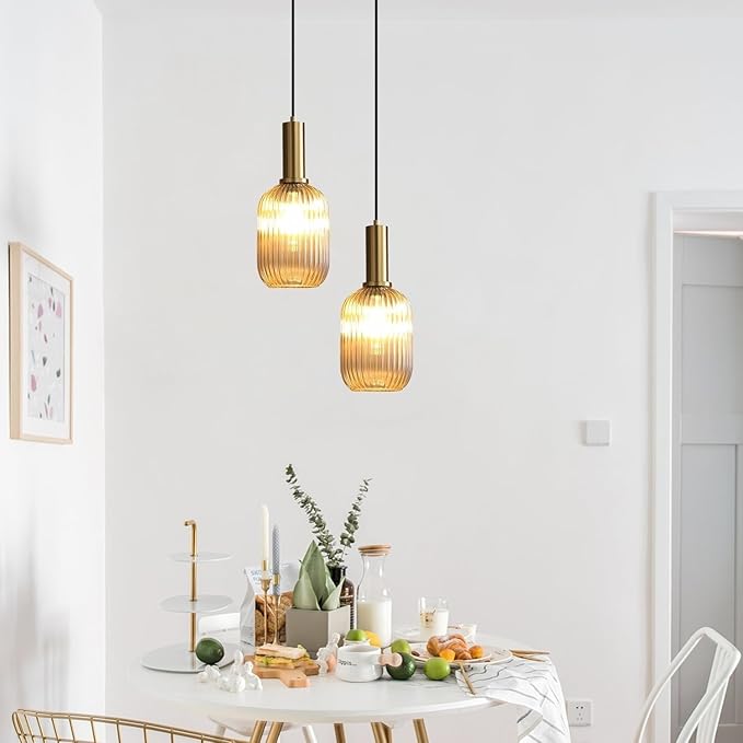 KCO Lighting 1-Light Amber Glass Ceiling Light Fixture Vintage Striped Glass Pendant Light Farmhouse Cylinder Pendant Light Gold Mini Kitchen Island Pendant Lighting Single Hanging Light