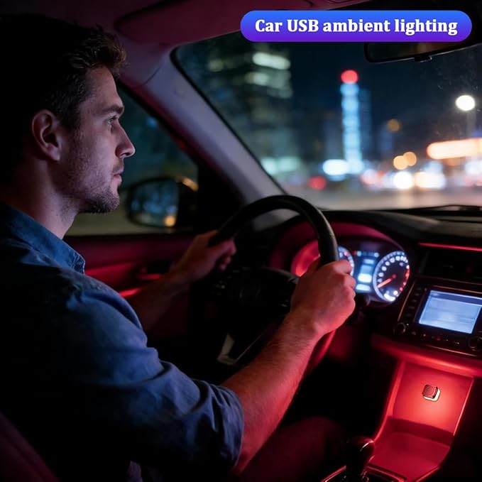 4PCS Car Interior USB LED Light, Portable Plug-in Bright Vehicle Atmosphere Decor Lamp, Small Automotive Inside Decoration Ambient Night Light Kit, Universal for SUV Van Truck (Red)