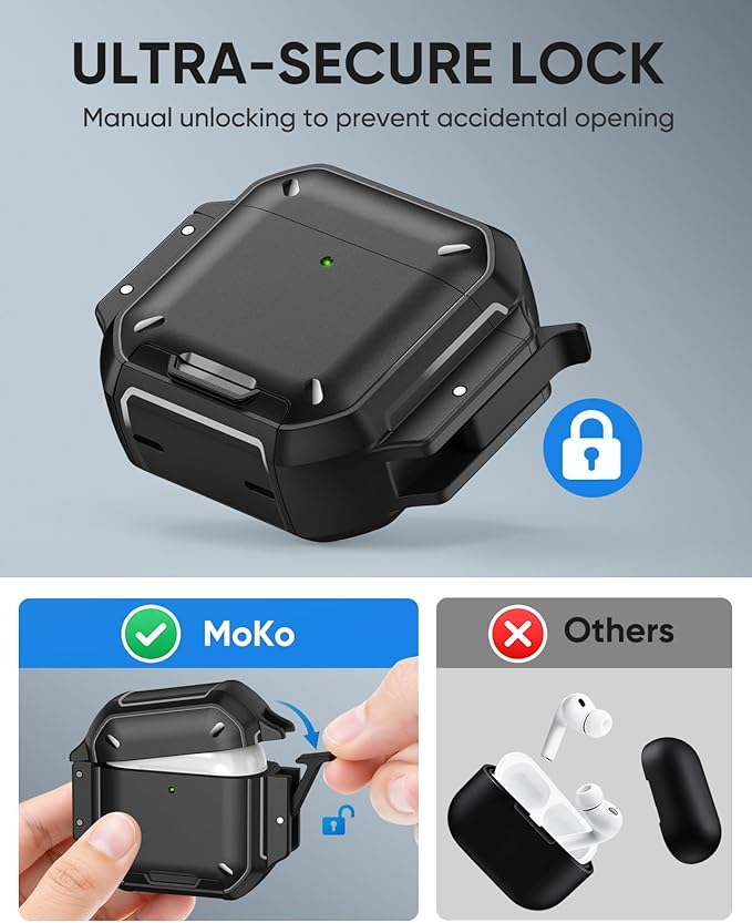 MoKo for AirPods 4th Case with Lock - IP68 Waterproof & Military-Grade Protection, Drop-Proof Hard Shell Protective Earpods 4 Cover with Keychain, Cleaner Kit & Phone Stand, Black