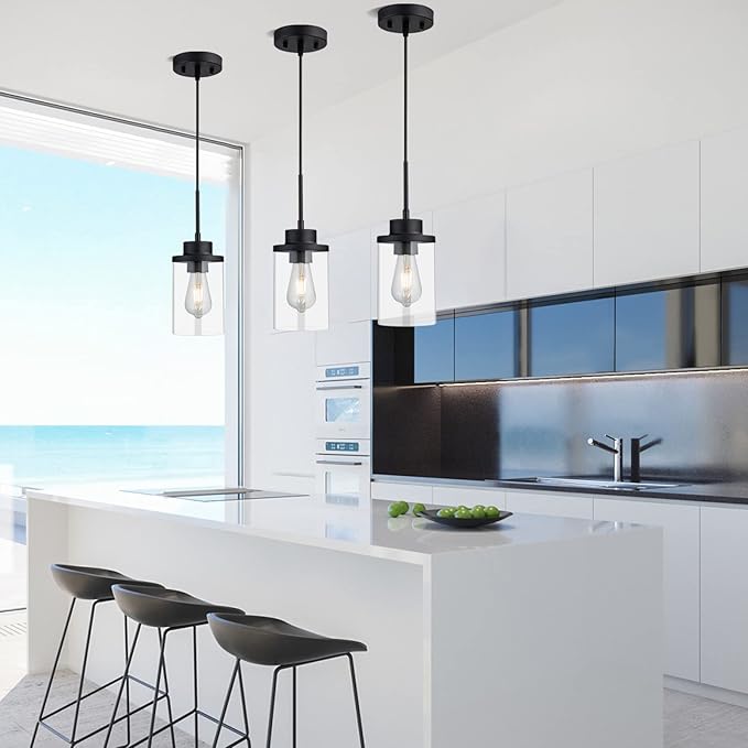 Modern Black Farmhouse Clear Glass Cylinder Pendant Light Fixture,Ceiling Hanging Metal Industrial Mini Pendant Lighting for Kitchen Island Dining Table Bedroom Hallway Foyer…