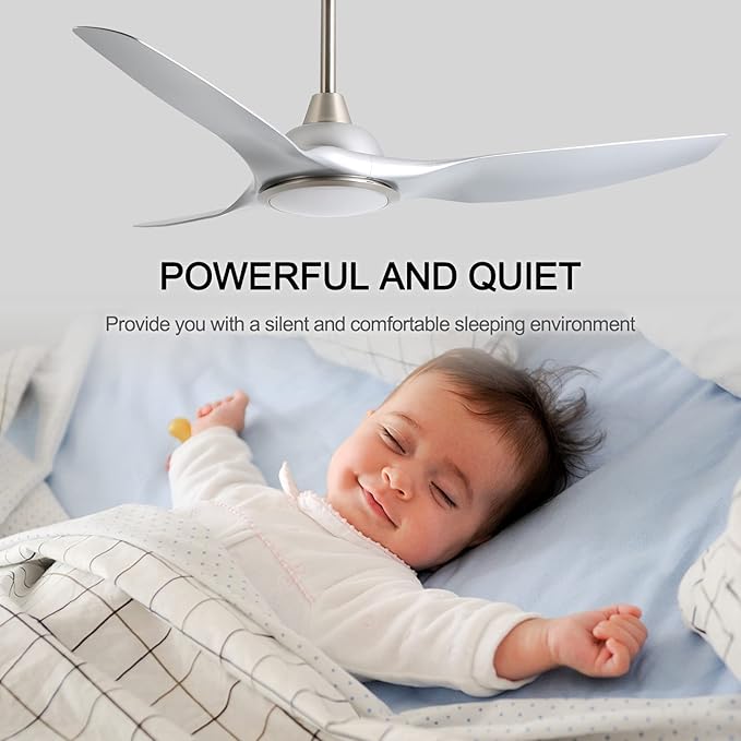 52 Inch Quiet DC Motor Ceiling Fan with Light Remote Control, Indoor 3 Blade Silver Modern Ceiling Fan for Bedroom Living Room Porch