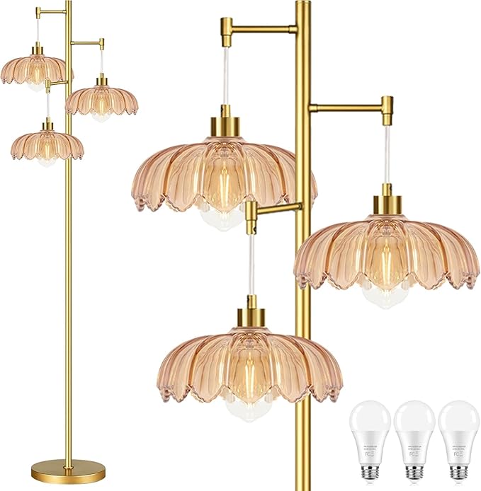 Floor Lamp for Living Room,Bedroom,Gold Mid Century Modern Standing Lamp Brass Tree 3 Light Tall Floor Lamps Vintage Retro Floor Lights Glass Flower Lamp Shade Farmhouse Boho Bohemian