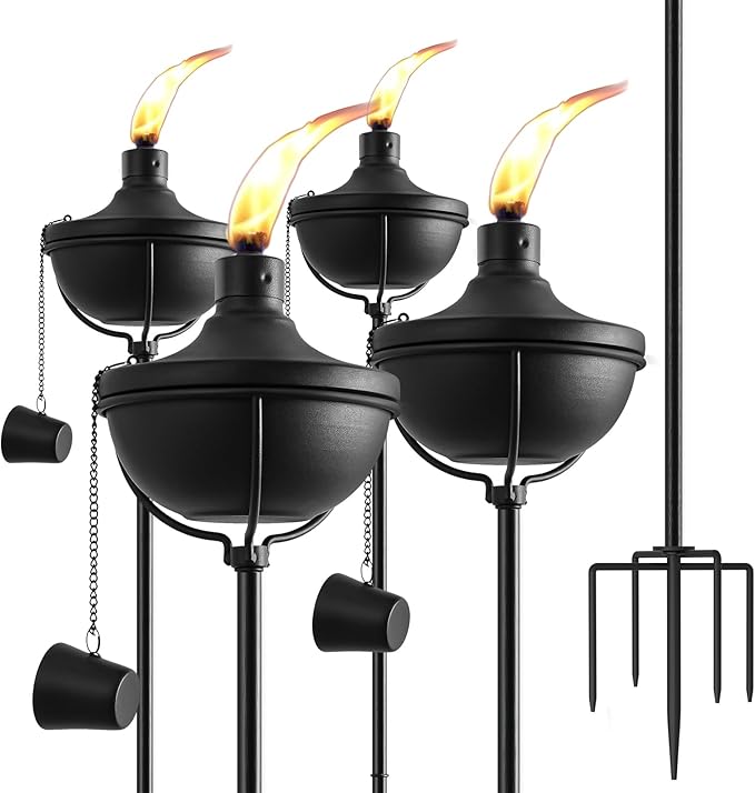 Home Garden Torch Set of 4, Outdoor Metal Torches with 5-Prong Grounded Stake, 56-Inch Adjustable Citronella Torches,23.5 oz Metal Light Torches for Patio, Pathway, Party (Ultra-Stable Design)