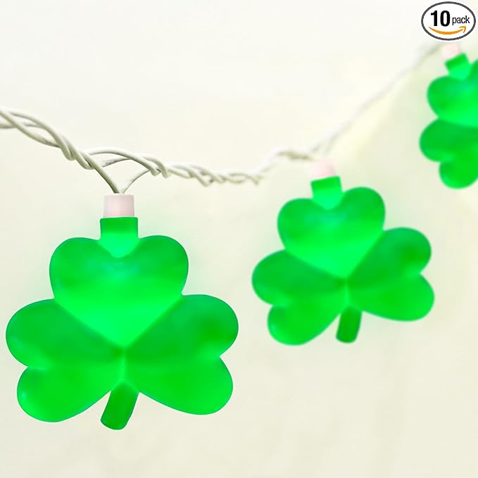SUNSGNE St. Patrick's Day Lights Shamrocks Decorative String Light, Lucky Clover String Lights with 10 LED Green Fairy Bulbs for Indoor Outdoor St. Patrick's Party Holiday Decor, White Wire