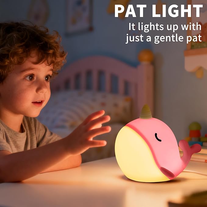 Cute Narwhal Night Light, Tap Control with 3 Warm White Brightness, USB Kids Bed Lamp with 30-Minute Timer, Soft Silicone Glow for Nursery, Birthday Gift (Pink Narwhal)