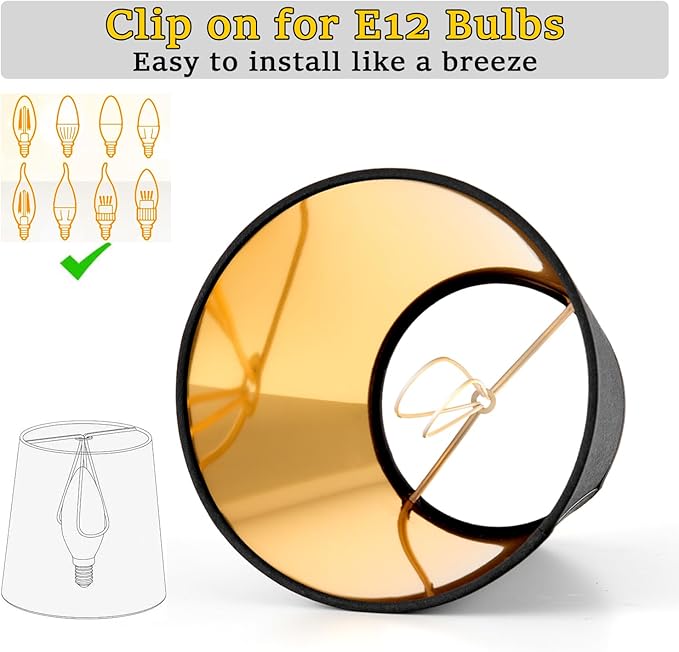 6 Pack Black Chandelier Shade with Gold Lining Hardback, 3" Top x 6" Bottom x 5" High, 3x6x5 Inches Lampshade, Perfect Cover for 6-Light Pendant Light Wall Sconce, Clip On Bulb E12 Socket(Small Size)