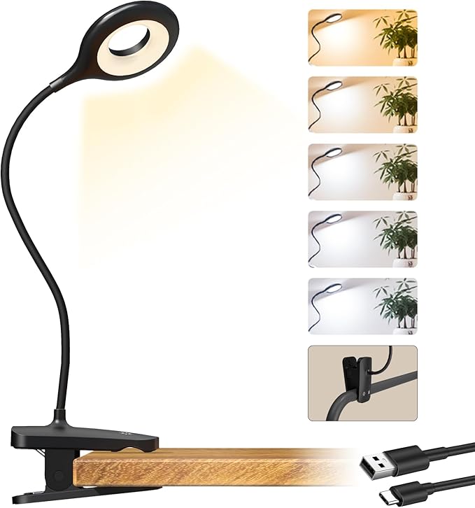 CUHIOY Clip on Reading Light for Bed Headboard, 5 Colors 5 Brightness Desk Lamp with Strong Clamp, USB-C Rechargeable Gooseneck Night Light for Kids Bunk Bed Shelf, Perfect for Reading & Working
