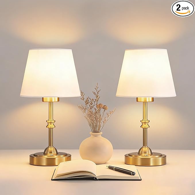 Portables Cordless Table Lamp Set of 2,LED Fabric Shade DeskLamp,Rechargeable Battery Operated，Lighting for Bedroom, Bedside,Bar,Living Room, Dining Room, Night Light (Brass)