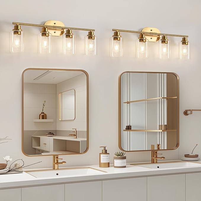 Ascher 4-Light Bathroom Light Fixtures, Modern Vanity Lights Over Mirror, Gold Wall Lamp with Clear Glass Shade for Bathroom Mirror Hallway Cabinet Porch Living Room