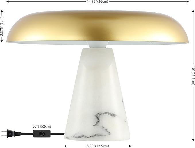SAFAVIEH Lighting Collection Vaughan Brass Gold/White Modern Dome Mushroom 10-inch Table Lamp for Bedroom, Living Room, Home Office, Desk, Nightstand (LED Bulb Included)