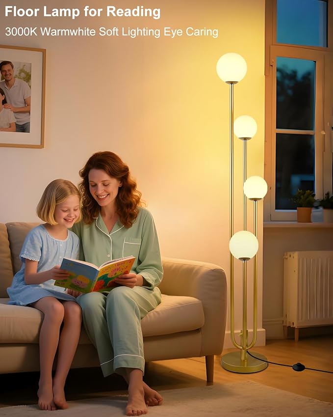 Lightdot Gold Globe Floor Lamp 4-Lights Dimmable Floor Lamps with 3000K Bulbs Included Unique Mid Century Modern Tall Standing Lamp for Living Room/Bedroom/Sofa Beside/Corner Decor