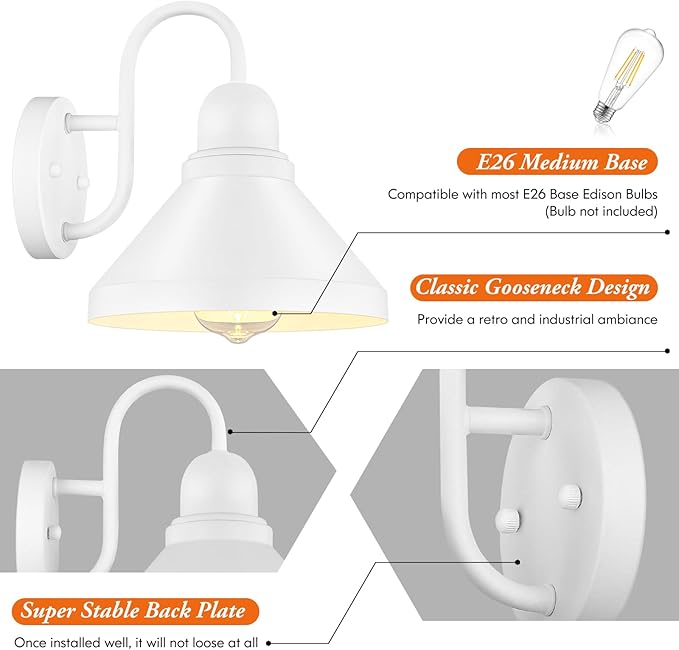 Brightever Gooseneck Outdoor Wall Lanterns, Pack of 2 Exterior Light Fixtures, Anti-Rust Outside Barn Wall Mount Sconces, Waterproof White Patio Wall Lamps for House, Front Door, Bulb Excluded