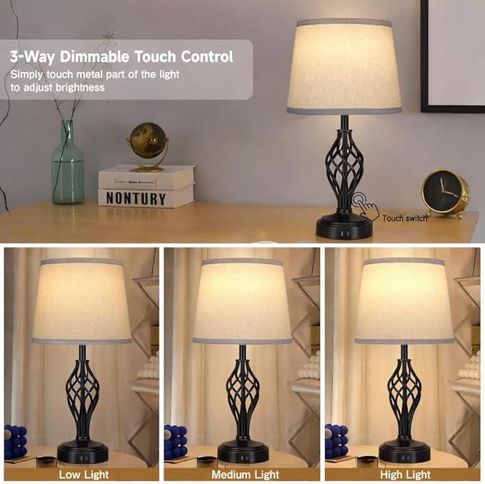 Touch Table Lamps Set of 2, nightstand lamp with USB Ports Bedside 3 Way Touch dimmer Desk lamp for Living Room Bedroom,Black Painted Spiral cage Base Design Warm White dimmer Bulbs Included.