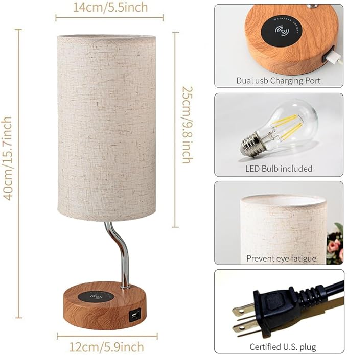 Set of 2 Smart Bedside Table Lamp with Wireless Charger & USB Port - Touch Control LED Desk Lamp for Bedroom, Dimmable Wooden Nightstand Lamp with Fabric Shade for Living Room, Kid's Room, (Cream)