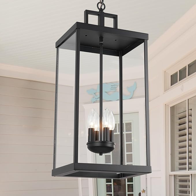 Outdoor Pendant Light, 25'' Large Hanging Lights Lantern Light, Modern Outside Chandelier with Clear Glass, Exterior Gazebo Light for Patio, Porch, Yard, Garage