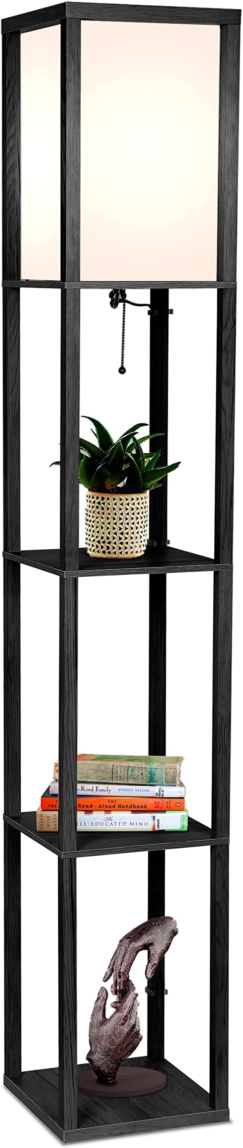 Brightech Maxwell - Modern Shelf Floor Lamp with Lamp Shade & Warm White LED Bulb, Corner Display Floor Lamp with Shelves for Living Room, Bedroom, Nightstand Office, Home Decor Storage - Black