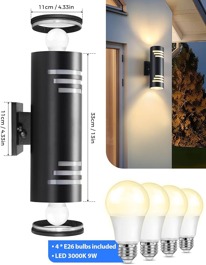 Dusk to Dawn Outdoor Lighting 2 Pack, Modern Outdoor Wall Lights Black Exterior Lighting Fixtures with E26 Base, Cylinder Sconce Waterproof Outdside Lights for House Porch, Bulbs Include