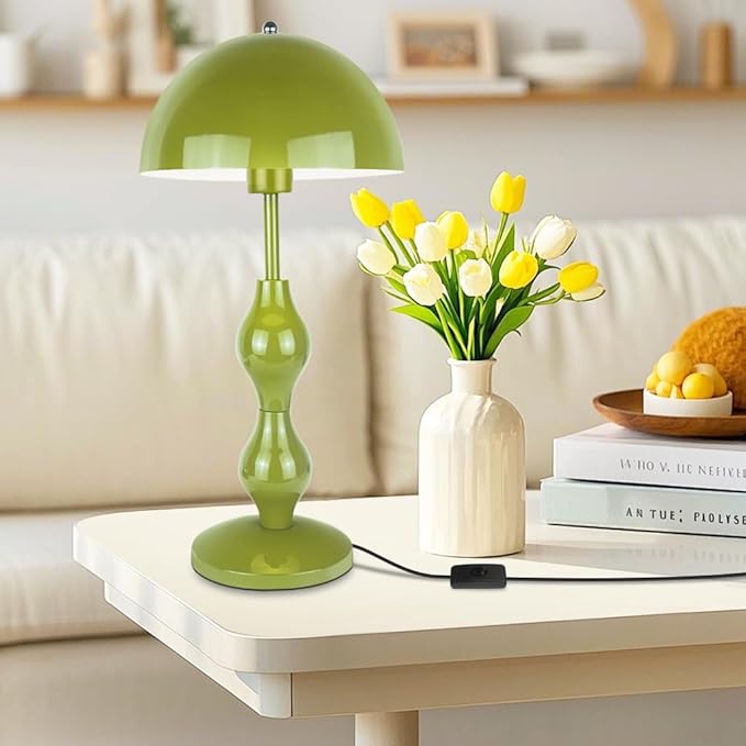 Mushroom Lamp Green,Tall Bedside Table Lamp for Living Room Kids Room Bedroom Nightstand,Flowerpot Desk Light with Button Switch, Requires E26 Bulb(not included),Iron Lampshade,Home Office Decor