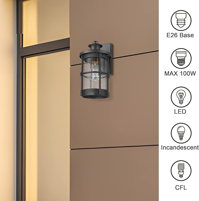 Outdoor Wall Sconces - Exterior Wall Mount Lighting Fixture in Black Finish with Seeded Glass (2 Pack)