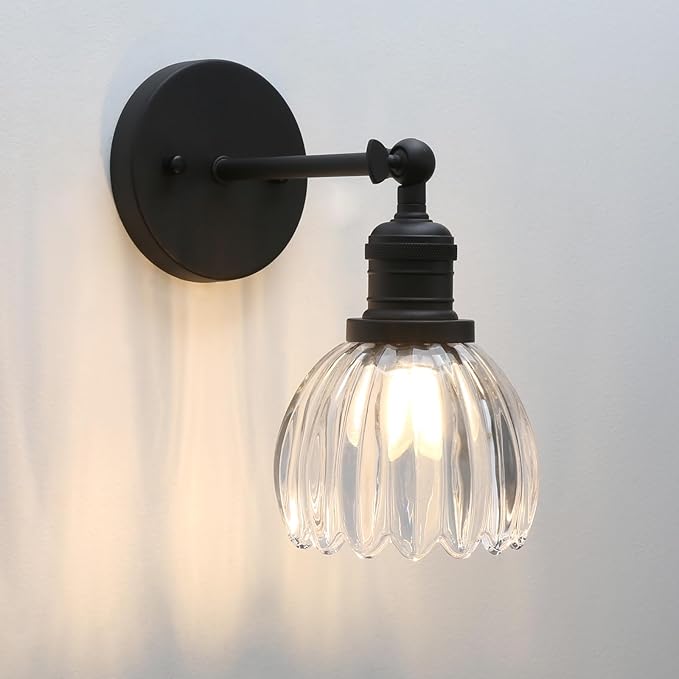 Pathson Adjustable Wall Sconce Lamp with Tulip Thick Glass, Hardwired Bathroom Sconce Matte Black Wall Vanity Light Fixture for Living Room Farmhouse Bedside Lighting