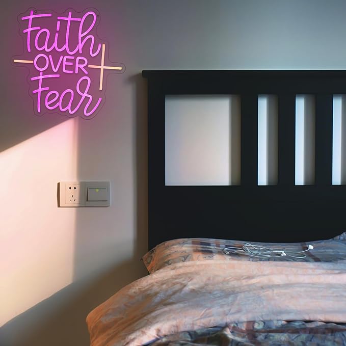 Faith Over Fear Neon Sign for Wall Decor Jesus Neon Light Warm White Cross Neon Light Sign Letter LED Neon Light for Christian Religious Motivation Bedroom Wedding Church Decor
