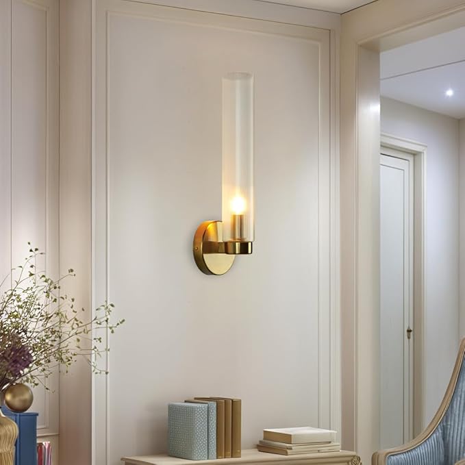 Fluted Textural Glass Wall Sconce, Modern Indoor Vanity Light, Glass Tube Wall Light Fixture with Metallic Finish, Wall Light fixtures for Bathroom, Mirror, Living Room, Bedroom (Brass)