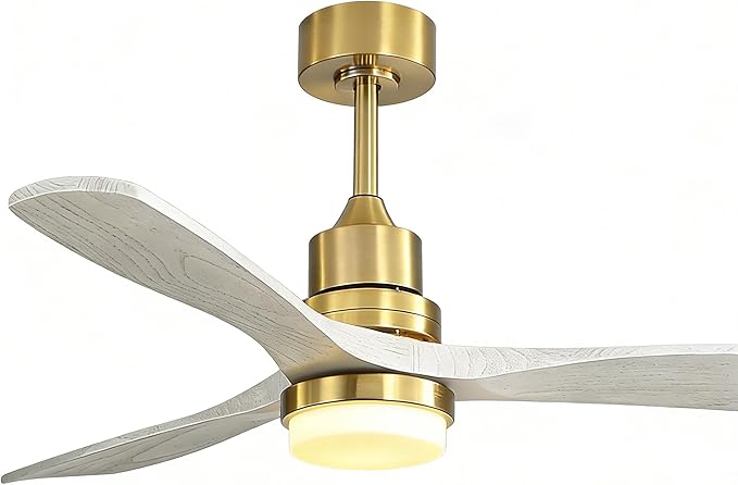 Sofucor 52 Inch Ceiling Fan with Lights and Remote Control-Modern Solid Wood Blade Ceiling Fan for Bedroom Living Room Indoor Outdoor Farmhouse Patio, Quiet DC Motor, Grey Gold