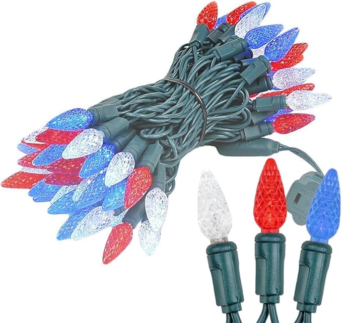 Novelty Lights 24FT 70 LED C6 Outdoor USA String Lights, Commercial Grade Christmas Tree Decorations (Red/White/Blue)