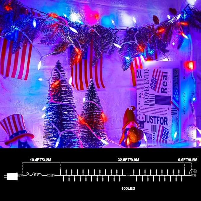 LAMPHOME Red White and Blue Lights, 4th of July Decorations String Lights Plug in Indoor Outdoor, 16 Modes Waterproof Patriotic Light for Independence Day Holiday Memorial Day Party Decor