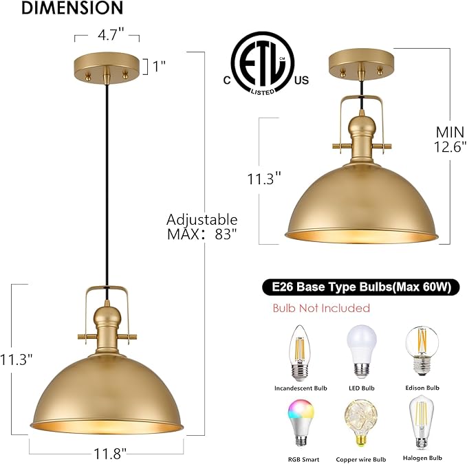 12 Inch Gold Farmhouse Pendant Lights Matte Pendant Lights for Kitchen Island Industrial Adjustable Height Vintage Dome Hanging Light Fixtures for Barn, Dining Room 2 Packs