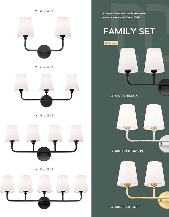 Bathroom Light Fixtures, 4 Light Matte Black Vanity Lights with Flared White Fabric Shade, 28 Inch Wall Sconce, Modern Sconces Wall Lighting for Hallway Bedroom, VL837-MB-4