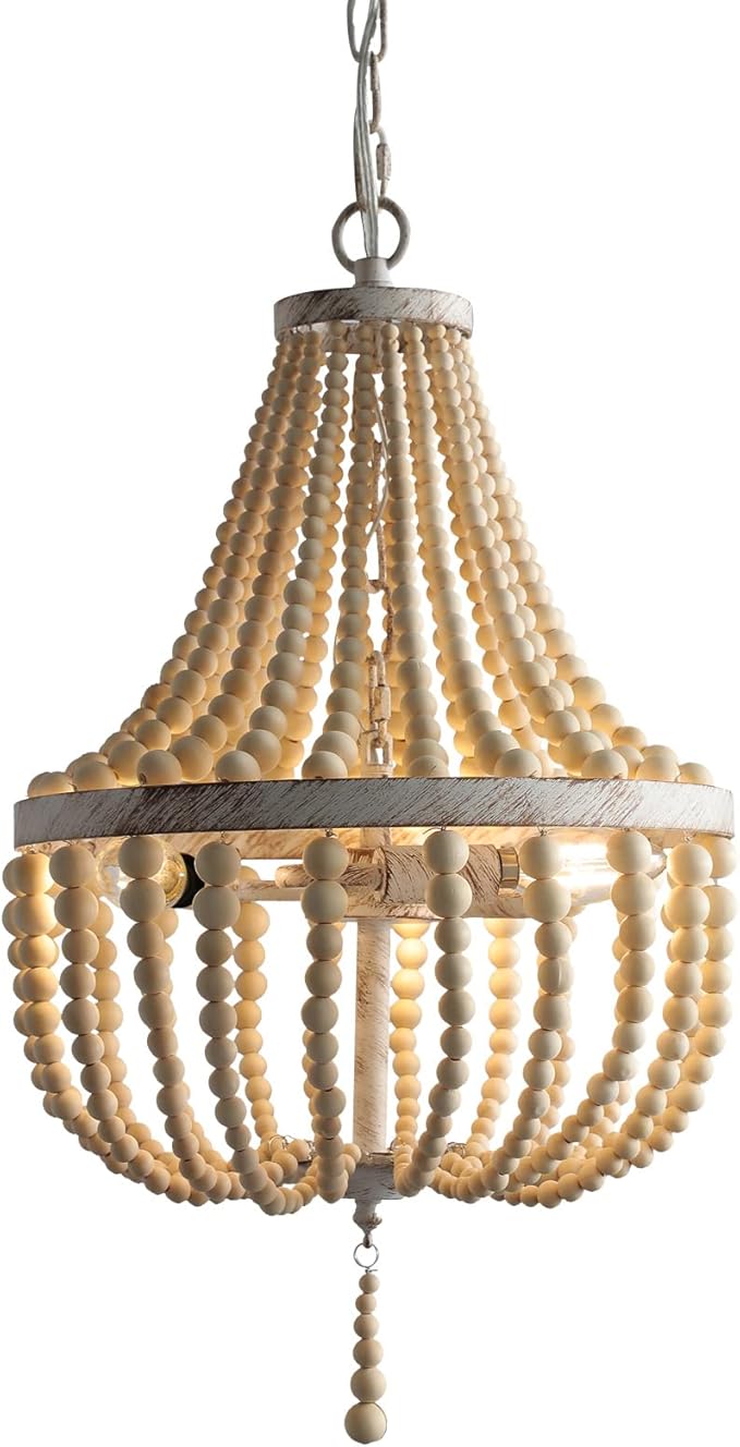 3-Light Mini Bohemian Wood Beaded Chandelier Pendant Boho Light Fixture,Antique Metal Finish Natural Color Wooden Beads, for Bathroom,Living Room,Entryway and Bedroom…