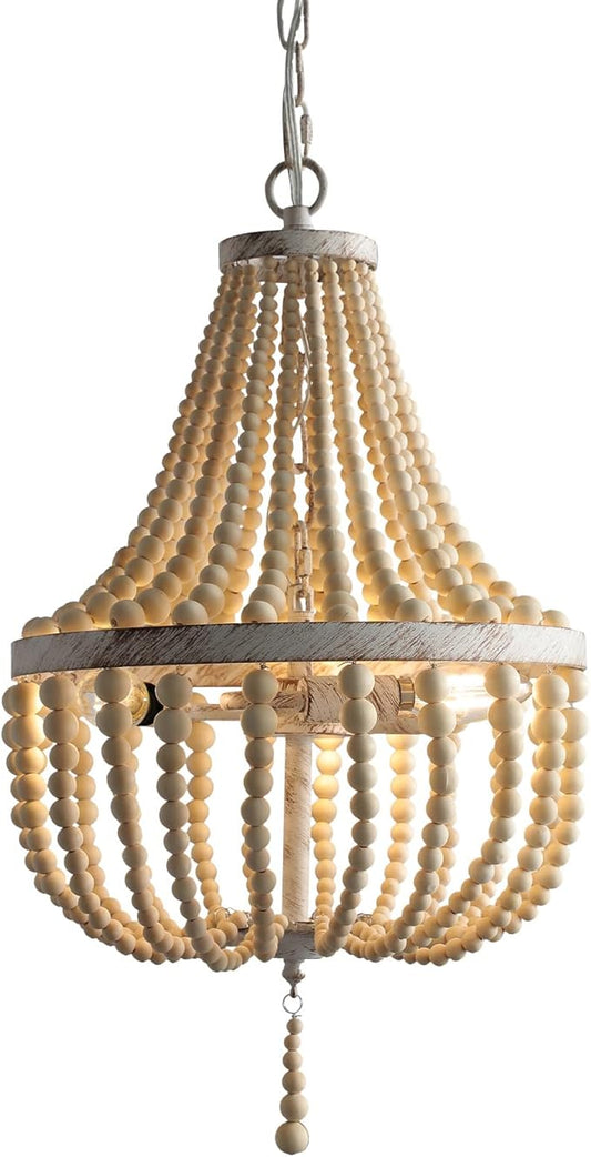 3-Light Mini Bohemian Wood Beaded Chandelier Pendant Boho Light Fixture,Antique Metal Finish Natural Color Wooden Beads, for Bathroom,Living Room,Entryway and Bedroom…