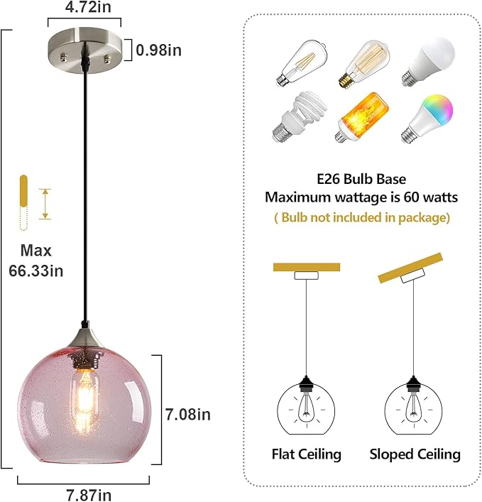 Pink Glass Pendant Lights Kitchen Island Lighting Globe Pendant Light Fixtures Modern Pendant Lighting for Bedroom Living Dining Room Light Fixture (7.87 in, 1 Pack)