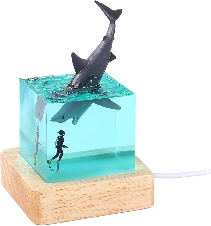 Deep Sea Diving Night Light Shark and Diver Ocean Lights Unique Handmade Decorative Bedroom Table Lamp with USB Stand Ornament, Best Gift for Family Or Friends (Diver&Shark)