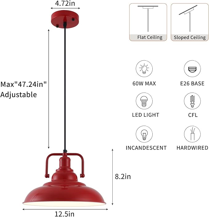 Red Farmhouse Pendant Lights 3 Packs, Metal Pendant Lights Kitchen Island, Industrial Pendant Light, Hanging Island Pendant Light, Barn Light for Kitchen, Living Room, Bedroom, Hallway