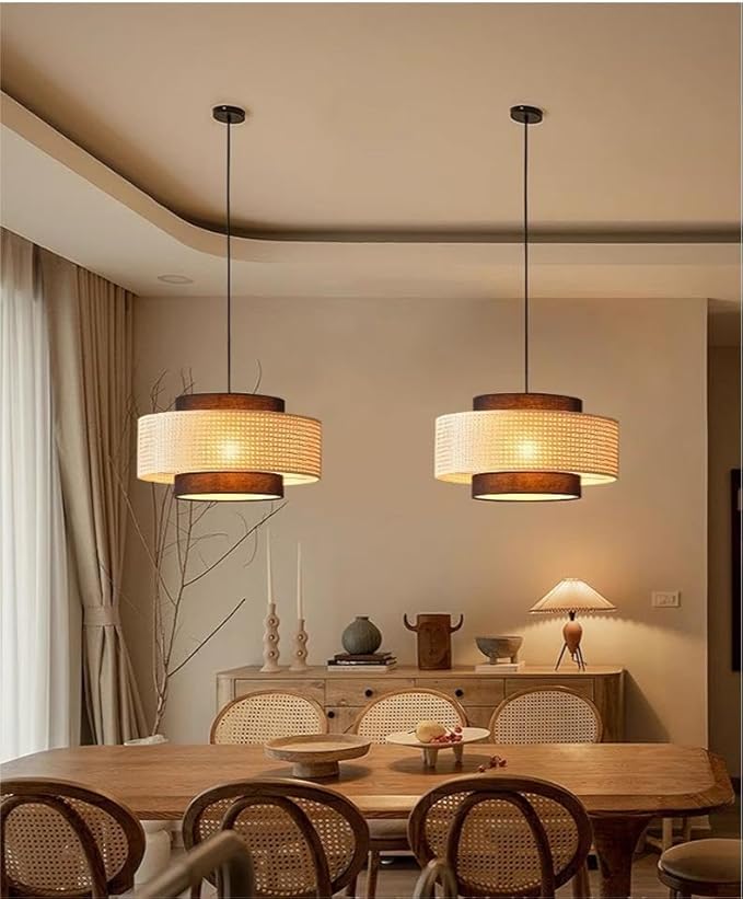 LIGHTLAND Rattan Farmhouse Pendant Light Fixture, Hand Woven Dining Room Pendant Light with Fabric Shade, Rustic Pendant Hanging Light Fixture for Kitchen Island, 16''