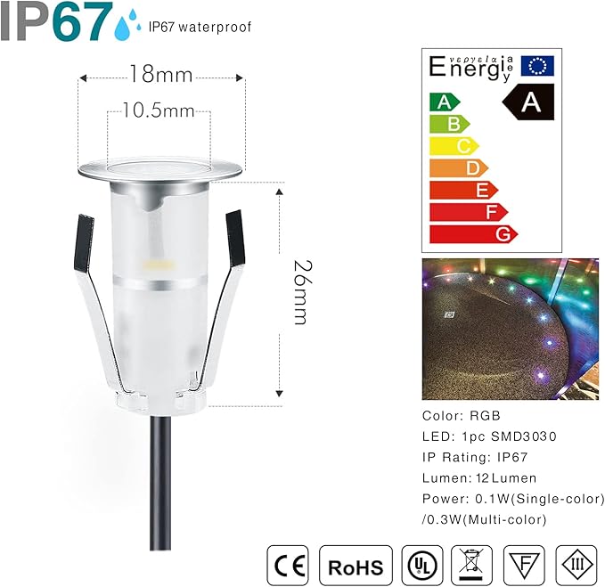 LED Deck Lights 0.7" Tiny Deck Driveway Light Dock Path Step Road Light Outdoor and Indoor Decoration Security Lighting (RGB, 6pcs)