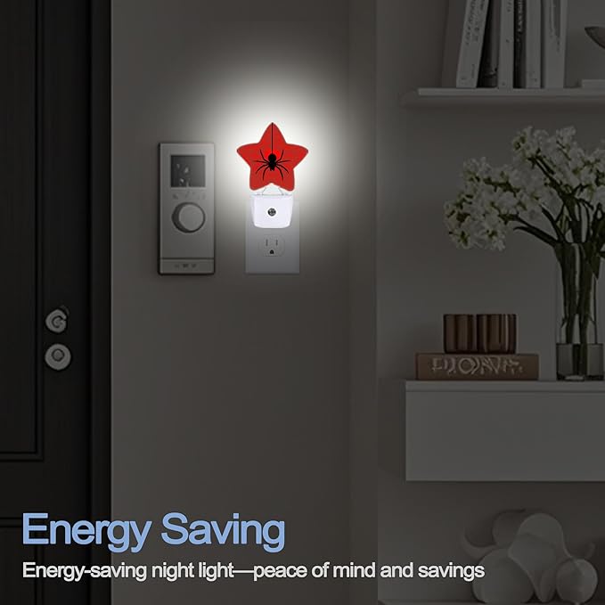 Halloween Spider Night Lights Plug Into Wall,Red Spider Web Star Night Light for Kids,Nightlight with Dusk to Dawn Smart Sensor for Bedroom Bathroom Decor,Children Women Men Gift
