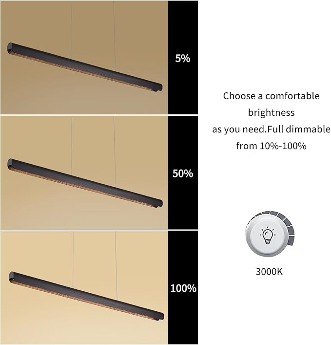 55inch Wood LED Linear Pendant Light, Dimmable Wood Ceiling Lamp,Minimalist Linear Chandelier, 40W Warm Light 3000K, Modern Kitchen Island Dining Room Lighting Black Adjustable Height