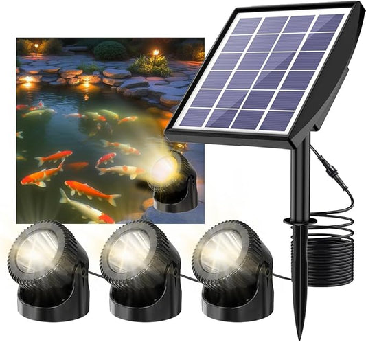 Solar Pond Lights LED Underwater, Smart Auto ON/Off Submersible Fountain Lights with 3-Brightness Modes, IP68 Waterproof Pond Light for Aquarium, Waterfall, Fish Tank, Garden(3 Head Lamp)