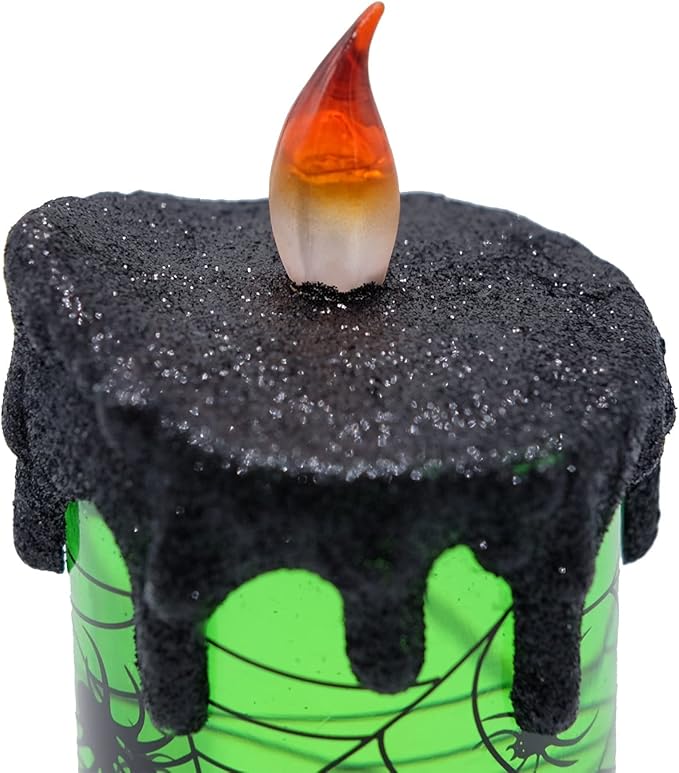 DRomance Halloween Flameless Candle Snow Globe Battery Operated with 6 Hour Timer, Green Light Spider Decal Water Tornado Lamp LED Candlestick Halloween Season Decor Gift 4 x 10 Inches