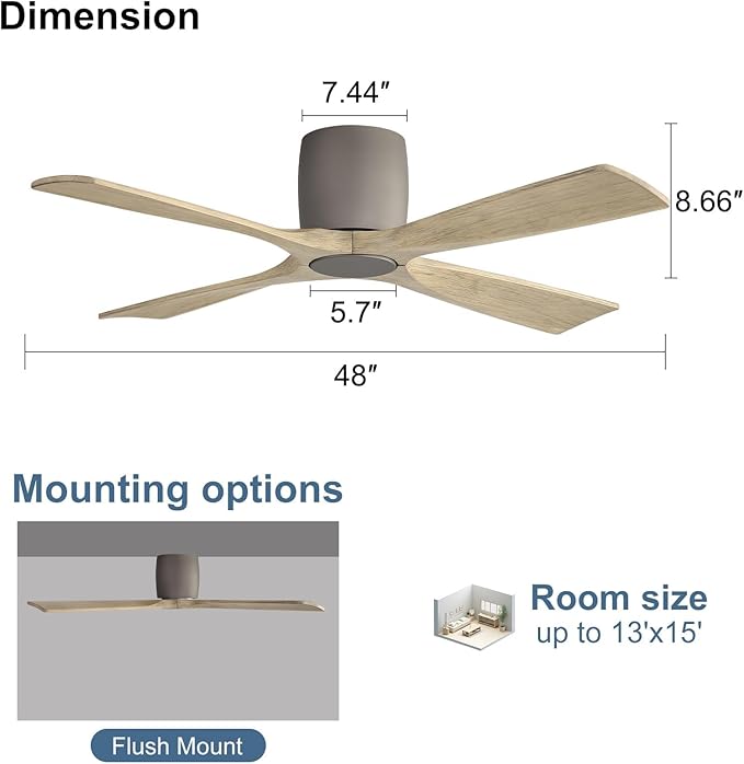 WINGBO Ceiling Fan no Light - 48 inch Solid Wood Flush Mount Ceiling Fan with Remote,4 Reversible Blades, 6-Speed Noiseless Powerful DC Motor, ETL Listed,Charcoal gray +light gray