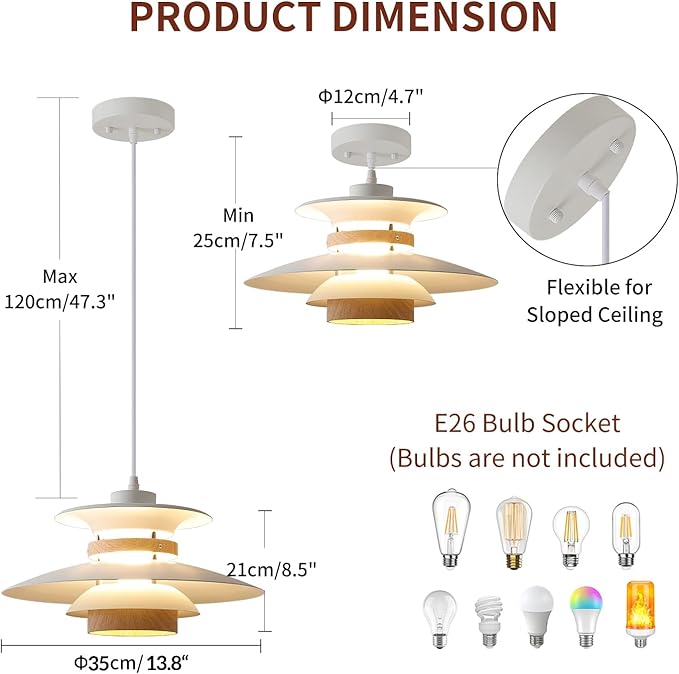 Modern Decor Adjustable Pendant Lamp Kitchen Island, Aluminum and Wood Finish,1-Light E26 Base Ceiling Hanging Light for Dining Room Shop Restaurant (White+Light Wood Grain, 35cm)