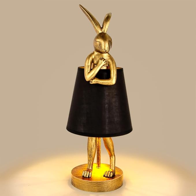 YHT Bunny Table Lamp, Cute Animal Rabbit Lamp,15.7" Vintage LED Desk Light with Linen Lampshade,Gold Main Part Beside Lamp for Bedroom, Study Room, Office, Nursery, Home Decor (Black)
