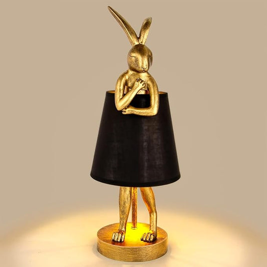 YHT Bunny Table Lamp, Cute Animal Rabbit Lamp,15.7" Vintage LED Desk Light with Linen Lampshade,Gold Main Part Beside Lamp for Bedroom, Study Room, Office, Nursery, Home Decor (Black)